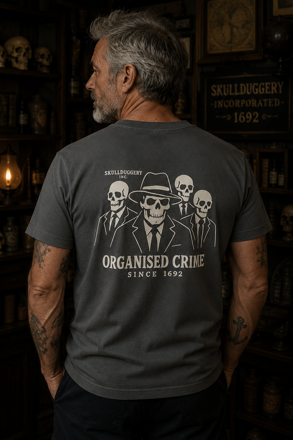 Skullduggery Organised Crime t-shirt in iron grey