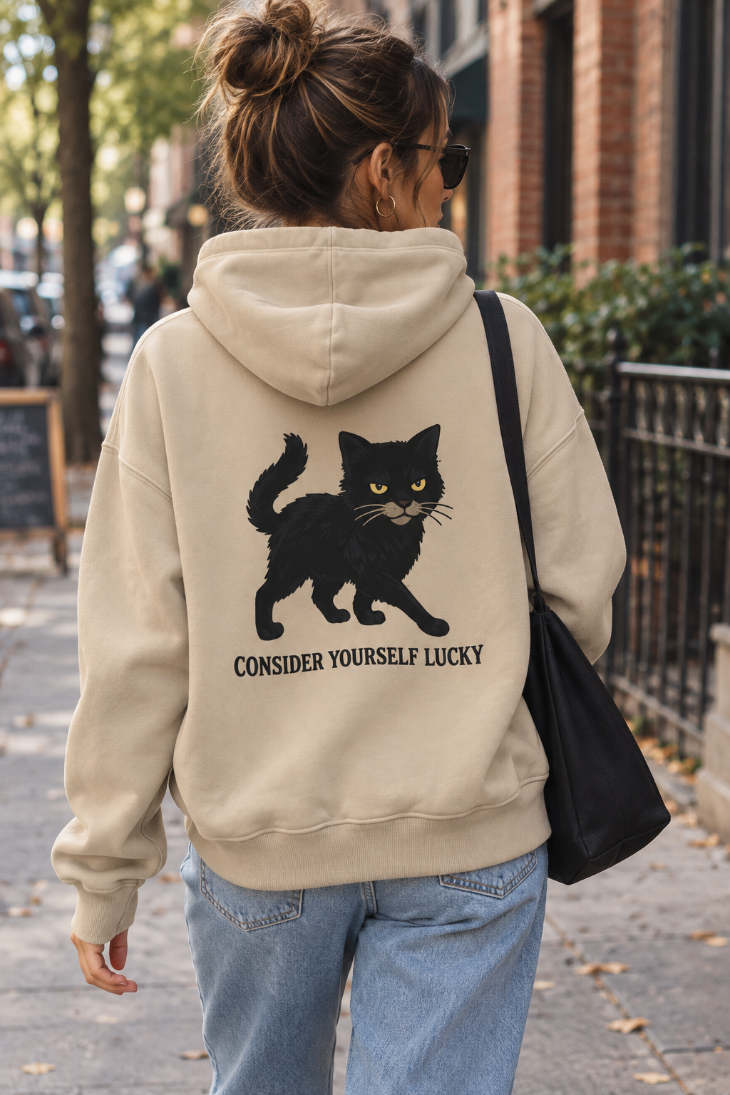 Black Cat Hoodie in Stone