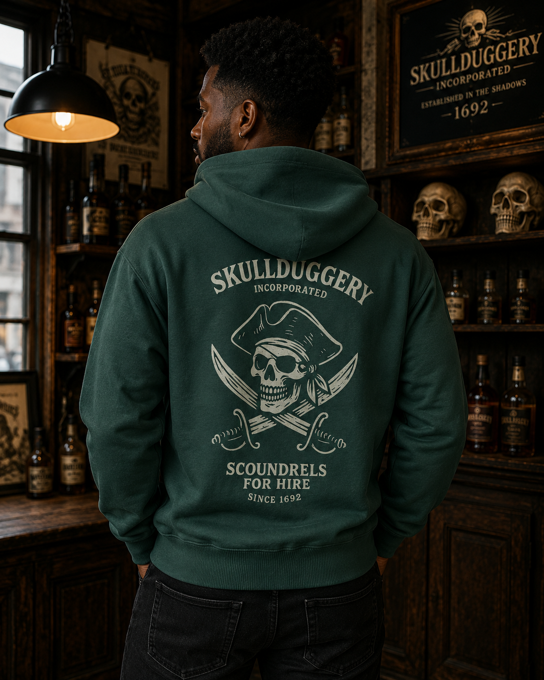 Skullduggery Scoundrels Hoodie in bottle green