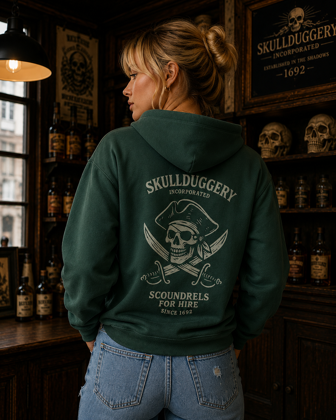 Skullduggery Scoundrels Hoodie in bottle green