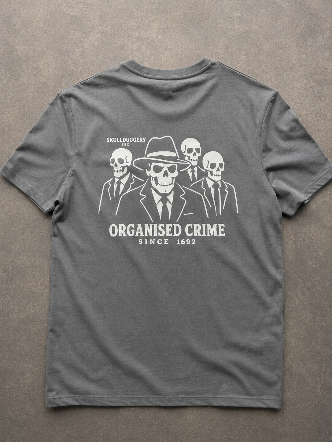 Skullduggery Organised Crime t-shirt in iron grey