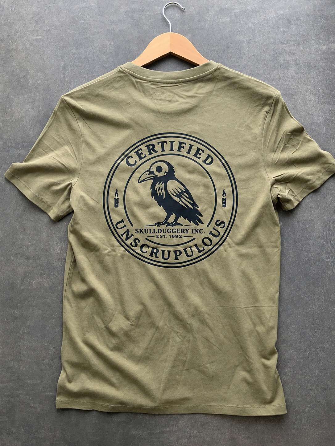Skullduggery Certified Unscrupulous t-shirt in organic autumn green