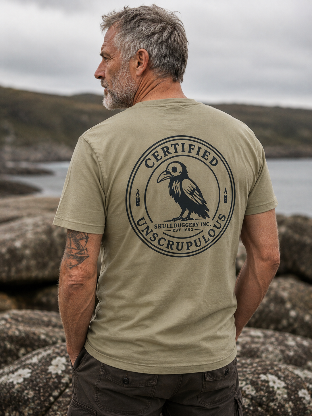 Skullduggery Certified Unscrupulous t-shirt in organic autumn green